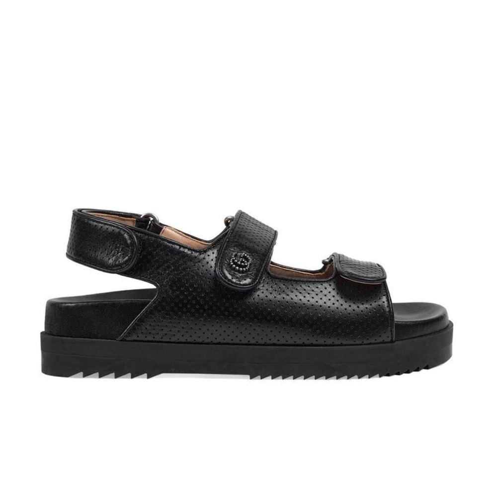 Gucci Black Perforated Leather Velcro Strap Sandals
